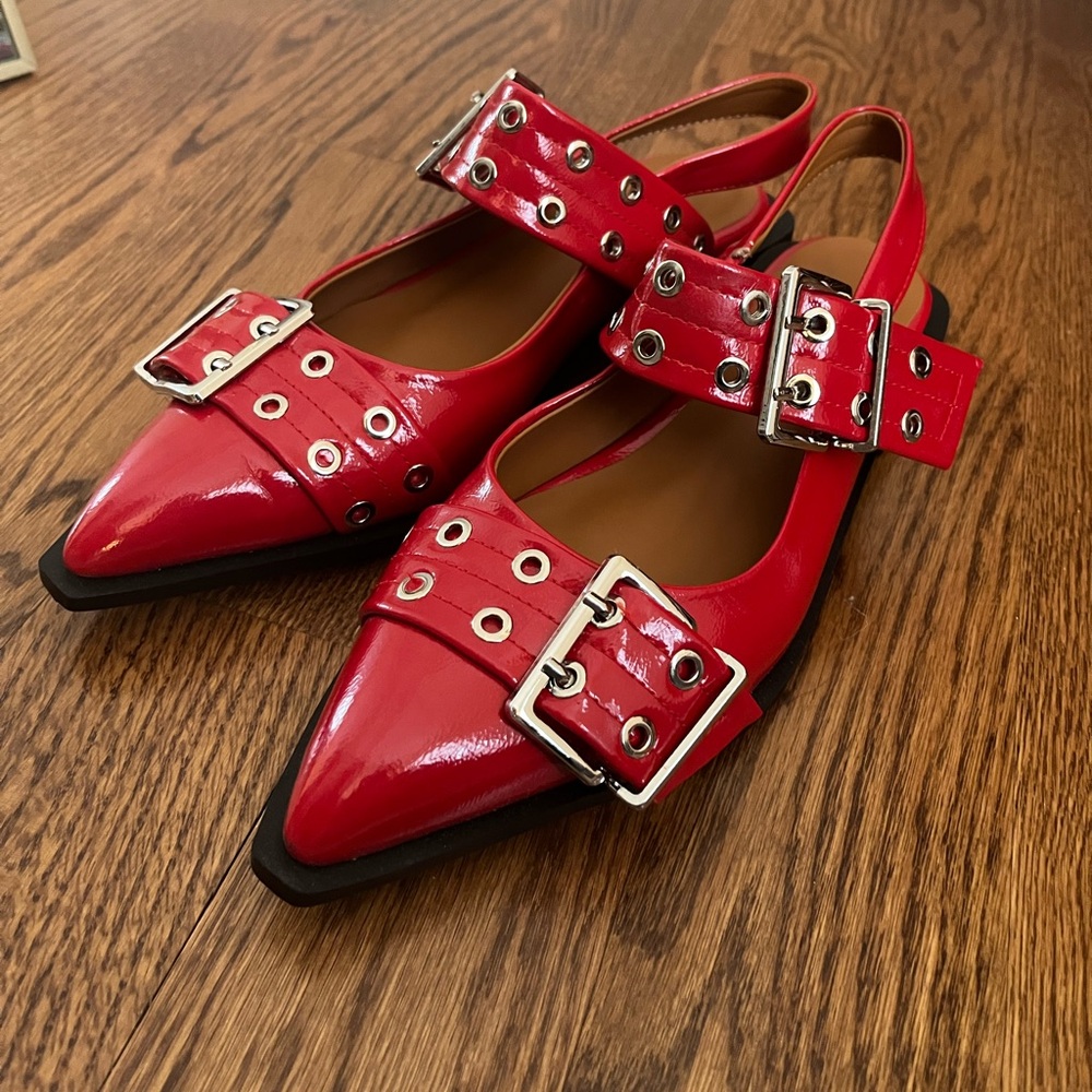 Red Buckle Slingback Flats